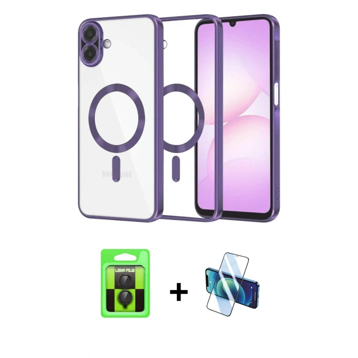 MARSİLYAN™- Galaxy A07 4G Kılıf Nova Işık Özel Seri - Siyah 3D Antistatik Cam Ekran Koruyucu + Raze Metal Kamera Lens - SH