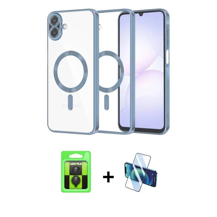 MARSİLYAN™- Galaxy A07 4G Kılıf Nova Işık Özel Seri - Siyah 3D Antistatik Cam Ekran Koruyucu + Raze Metal Kamera Lens - SH