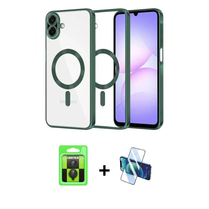 MARSİLYAN™- Galaxy A07 4G Kılıf Nova Işık Özel Seri - Siyah 3D Antistatik Cam Ekran Koruyucu + Raze Metal Kamera Lens - SH