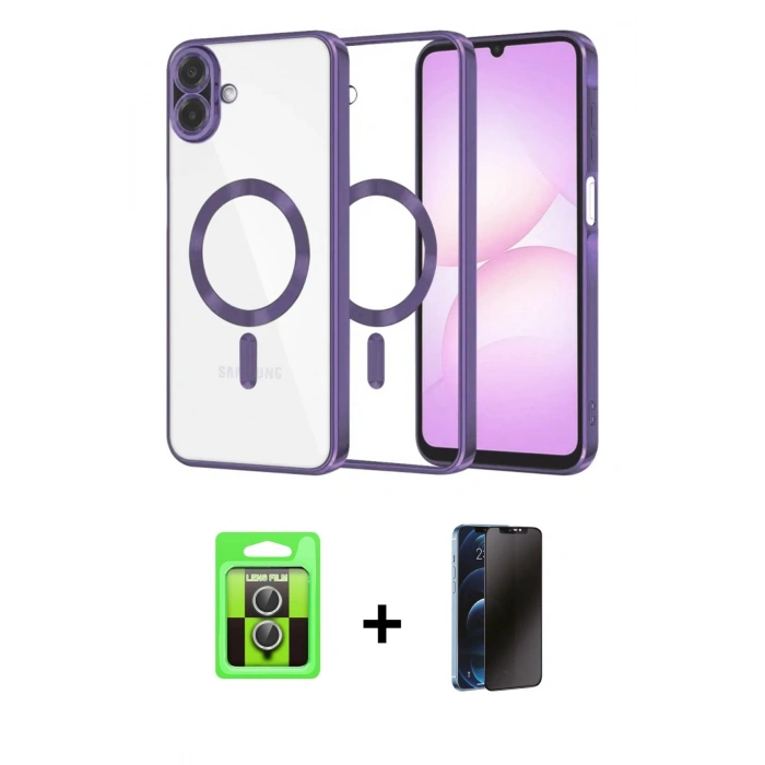 MARSİLYAN™- Galaxy A07 4G Kılıf Nova Işık Özel Seri - Siyah 3D Antistatik Hayalet Cam Ekran Koruyucu + Raze Metal Kamera Lens - GS