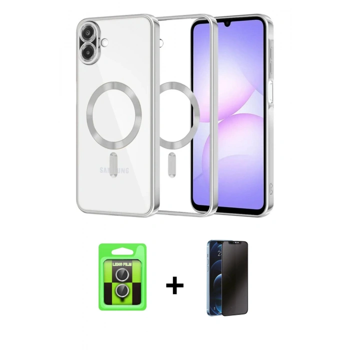 MARSİLYAN™- Galaxy A07 4G Kılıf Nova Işık Özel Seri - Siyah 3D Antistatik Hayalet Cam Ekran Koruyucu + Raze Metal Kamera Lens - GS