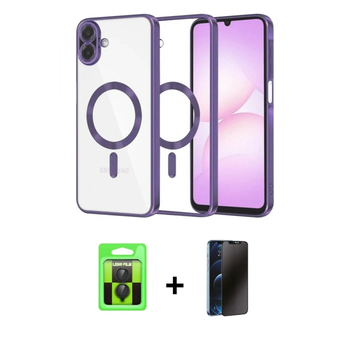 MARSİLYAN™- Galaxy A07 4G Kılıf Nova Işık Özel Seri - Siyah 3D Antistatik Hayalet Cam Ekran Koruyucu + Raze Metal Kamera Lens - SH