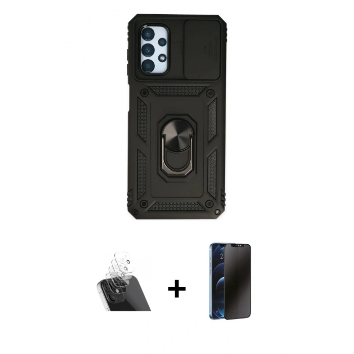 MARSİLYAN™- Galaxy A13 4G Kılıf Ahenk Klasik - Siyah 3D Antistatik Hayalet Cam Ekran Koruyucu + Kamera Lens Koruma Cam - SF