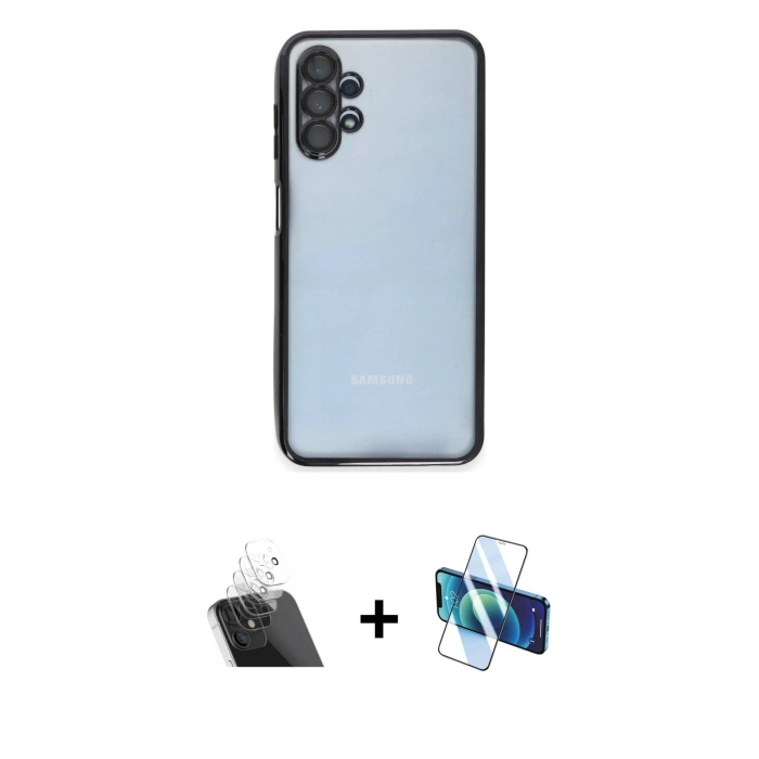 MARSİLYAN™- Galaxy A13 4G Kılıf Vadi Minimal - Siyah 3D Antistatik Cam Ekran Koruyucu + Kamera Lens Koruma Cam - SF