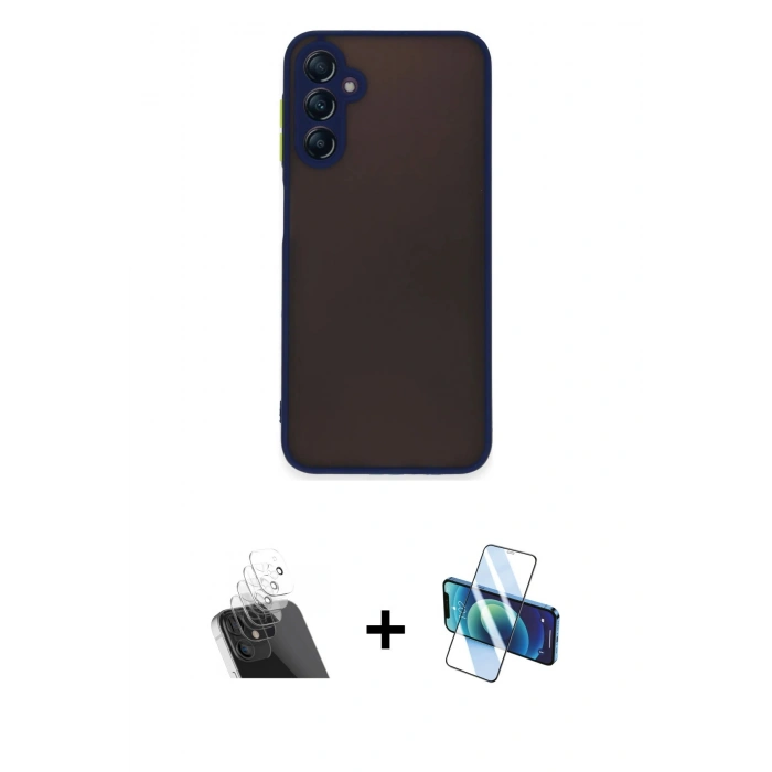 MARSİLYAN™- Galaxy A14 4G Kılıf Ahenk Çizgi Serisi - Siyah 3D Antistatik Cam Ekran Koruyucu + Kamera Lens Koruma Cam - SF