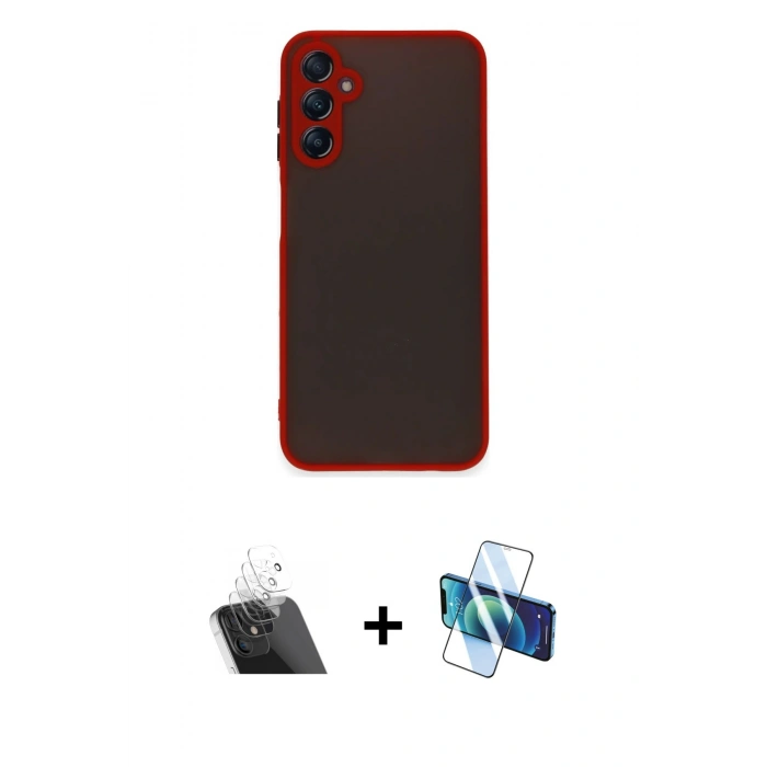 MARSİLYAN™- Galaxy A14 4G Kılıf Ahenk Çizgi Serisi - Siyah 3D Antistatik Cam Ekran Koruyucu + Kamera Lens Koruma Cam - SF