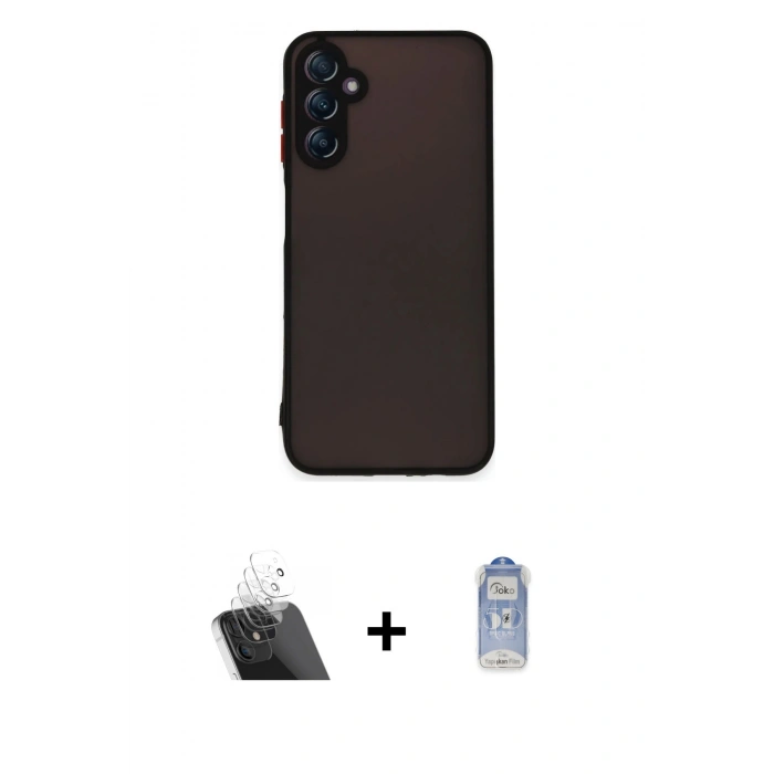 MARSİLYAN™- Galaxy A14 4G Kılıf Ahenk Çizgi Serisi - Siyah Joko Magic 5D Cam + Kamera Lens Koruma Cam - SF