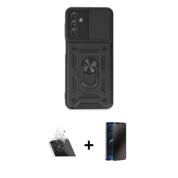 MARSİLYAN™- Galaxy A14 4G Kılıf Ahenk Klasik - Siyah 3D Antistatik Hayalet Cam Ekran Koruyucu + Kamera Lens Koruma Cam - SF