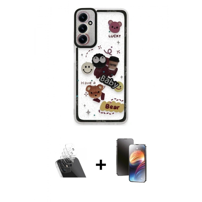 MARSİLYAN™- Galaxy A14 4G Kılıf Çekirdek Asil - Siyah 3D Antistatik Mat Seramik Nano Ekran Koruyucu + Kamera Lens Koruma Cam - SF