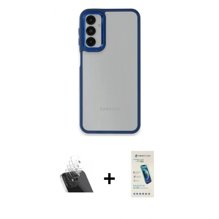 MARSİLYAN™- Galaxy A14 4G Kılıf Eksen Doku Prime - Şeffaf Pasifik Cam Ekran Koruyucu + Şeffaf Kamera Lens Koruma Cam