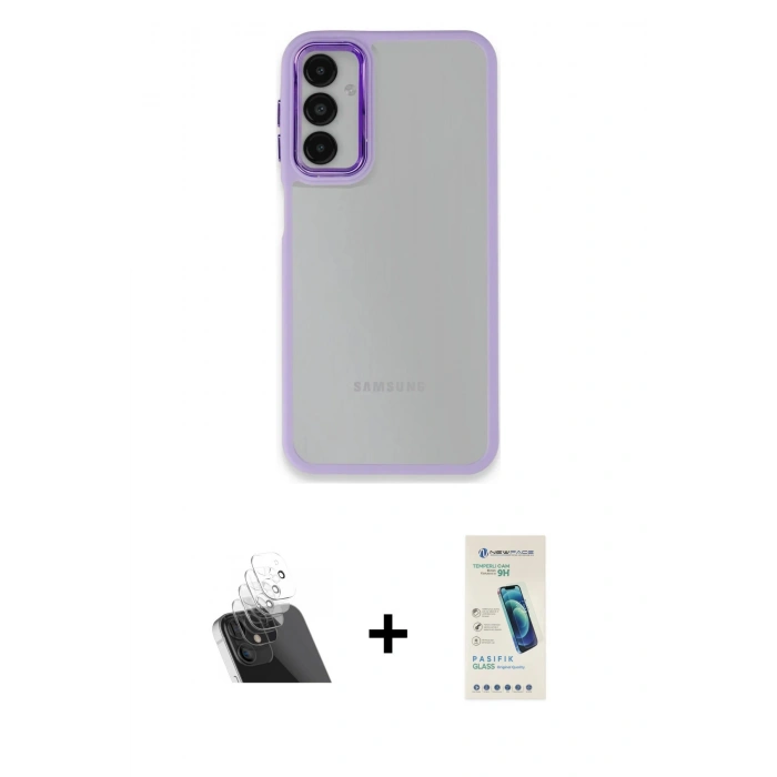 MARSİLYAN™- Galaxy A14 4G Kılıf Eksen Doku Prime - Şeffaf Pasifik Cam Ekran Koruyucu + Şeffaf Kamera Lens Koruma Cam
