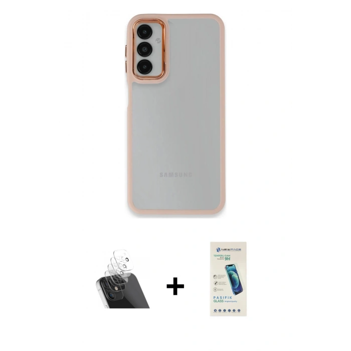 MARSİLYAN™- Galaxy A14 4G Kılıf Eksen Doku Prime - Şeffaf Pasifik Cam Ekran Koruyucu + Şeffaf Kamera Lens Koruma Cam