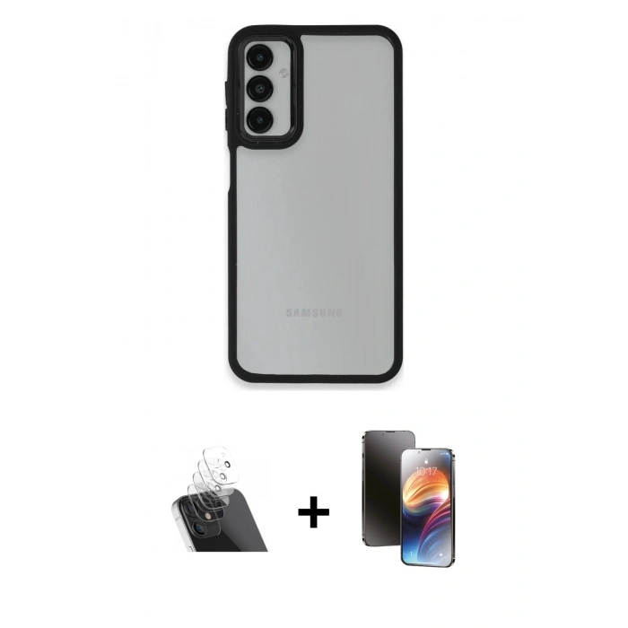 MARSİLYAN™- Galaxy A14 4G Kılıf Eksen Doku Prime - Siyah 3D Antistatik Mat Seramik Nano Ekran Koruyucu + Şeffaf Kamera Lens Koruma Cam