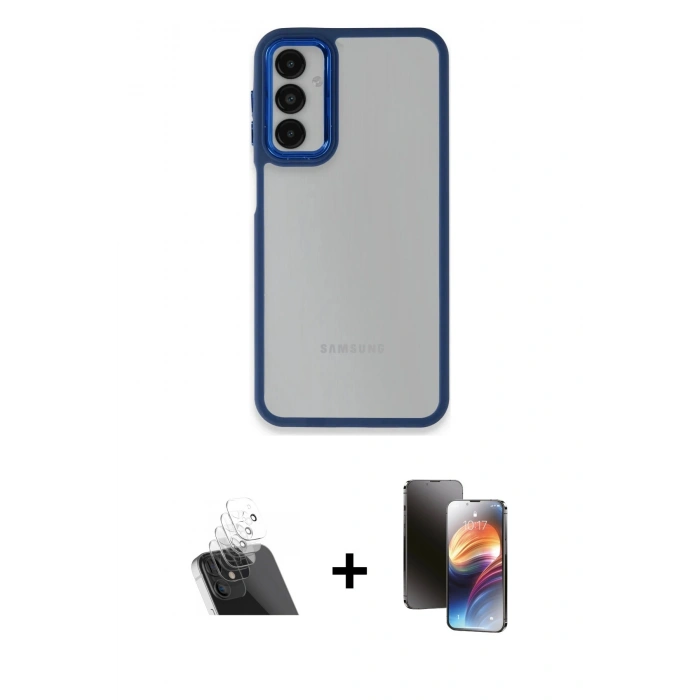 MARSİLYAN™- Galaxy A14 4G Kılıf Eksen Doku Prime - Siyah 3D Antistatik Mat Seramik Nano Ekran Koruyucu + Şeffaf Kamera Lens Koruma Cam