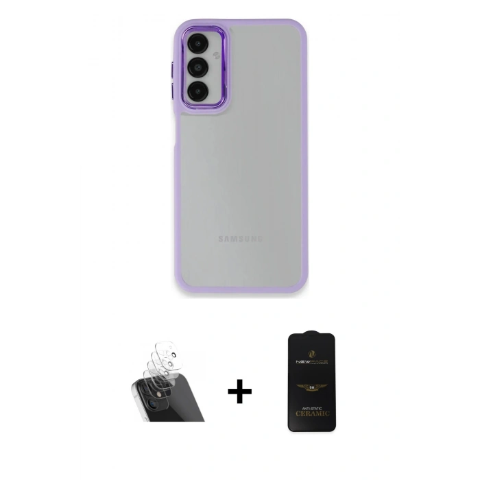 MARSİLYAN™- Galaxy A14 4G Kılıf Eksen Doku Prime - Siyah 6D Antistatik Mat Seramik Hayalet Nano Ekran Koruyucu + Kamera Lens Koruma Cam - SF