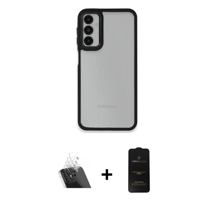 MARSİLYAN™- Galaxy A14 4G Kılıf Eksen Doku Prime - Siyah 6D Antistatik Mat Seramik Hayalet Nano Ekran Koruyucu + Kamera Lens Koruma Cam - SF