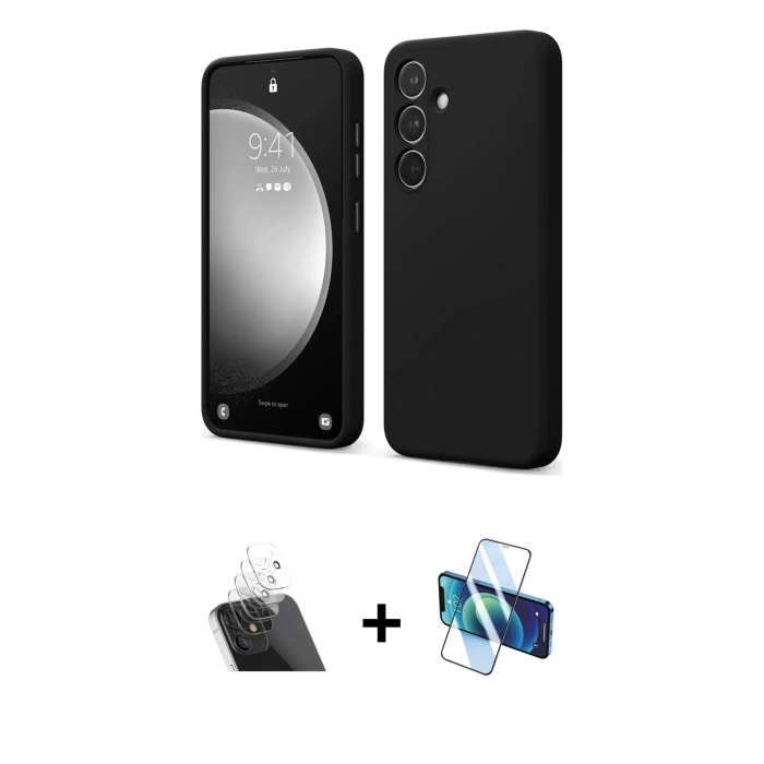 MARSİLYAN™- Galaxy A14 4G Kılıf Kozmos Yansıma Özel Seri - Siyah 3D Antistatik Cam Ekran Koruyucu + Kamera Lens Koruma Cam - SF