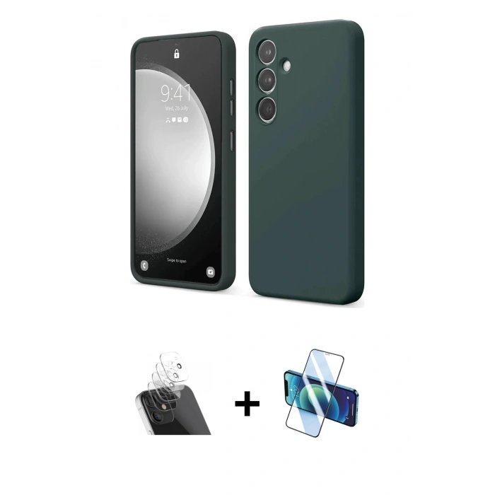 MARSİLYAN™- Galaxy A14 4G Kılıf Kozmos Yansıma Özel Seri - Siyah 3D Antistatik Cam Ekran Koruyucu + Kamera Lens Koruma Cam - SF