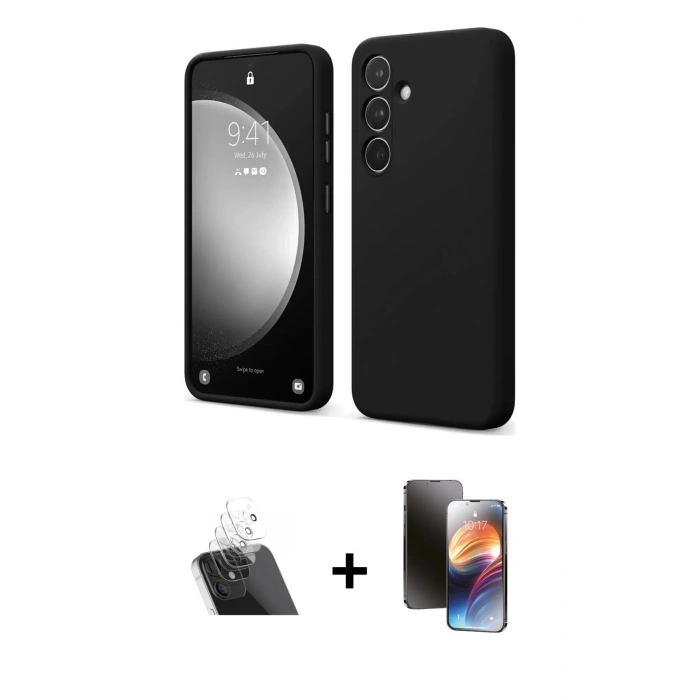 MARSİLYAN™- Galaxy A14 4G Kılıf Kozmos Yansıma Özel Seri - Siyah 3D Antistatik Mat Seramik Nano Ekran Koruyucu + Şeffaf Kamera Lens Koruma Cam
