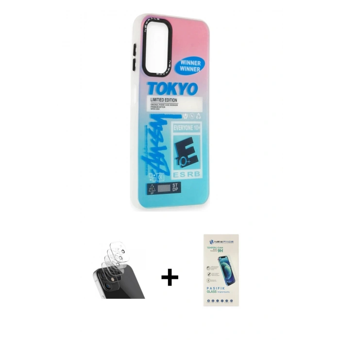 MARSİLYAN™- Galaxy A14 4G Kılıf Siluet Çizgi Koleksiyonu - Şeffaf Pasifik Cam Ekran Koruyucu + Kamera Lens Koruma Cam - SF