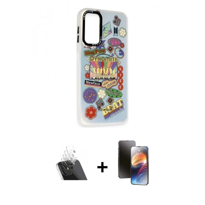 MARSİLYAN™- Galaxy A14 4G Kılıf Siluet Çizgi Koleksiyonu - Siyah 3D Antistatik Mat Seramik Nano Ekran Koruyucu + Kamera Lens Koruma Cam - SF