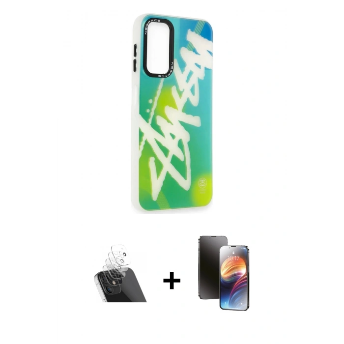 MARSİLYAN™- Galaxy A14 4G Kılıf Siluet Çizgi Koleksiyonu - Siyah 3D Antistatik Mat Seramik Nano Ekran Koruyucu + Kamera Lens Koruma Cam - SF