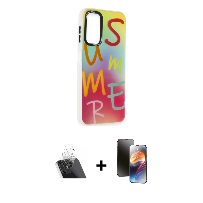 MARSİLYAN™- Galaxy A14 4G Kılıf Siluet Çizgi Koleksiyonu - Siyah 3D Antistatik Mat Seramik Nano Ekran Koruyucu + Kamera Lens Koruma Cam - SF