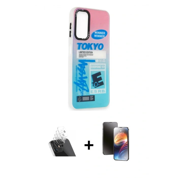 MARSİLYAN™- Galaxy A14 4G Kılıf Siluet Çizgi Koleksiyonu - Siyah 3D Antistatik Mat Seramik Nano Ekran Koruyucu + Kamera Lens Koruma Cam - SF