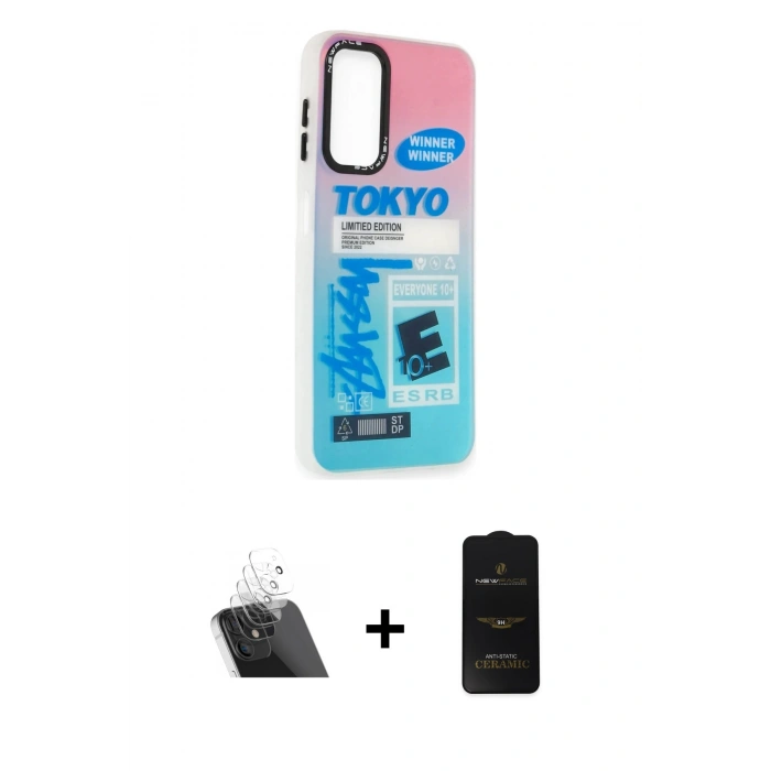 MARSİLYAN™- Galaxy A14 4G Kılıf Siluet Çizgi Koleksiyonu - Siyah 6D Antistatik Mat Seramik Hayalet Nano Ekran Koruyucu + Kamera Lens Koruma Cam - SF