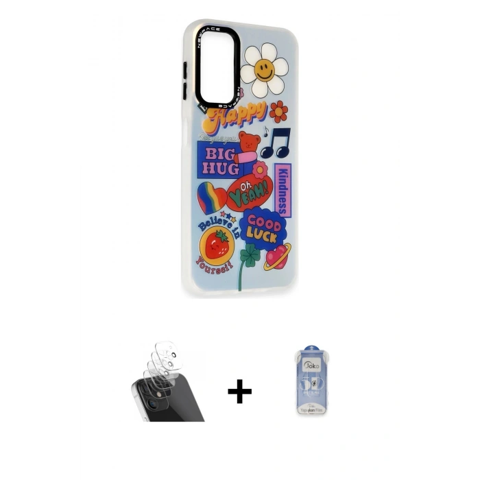 MARSİLYAN™- Galaxy A14 4G Kılıf Siluet Çizgi Koleksiyonu - Siyah Joko Magic 5D Cam + Kamera Lens Koruma Cam - SF