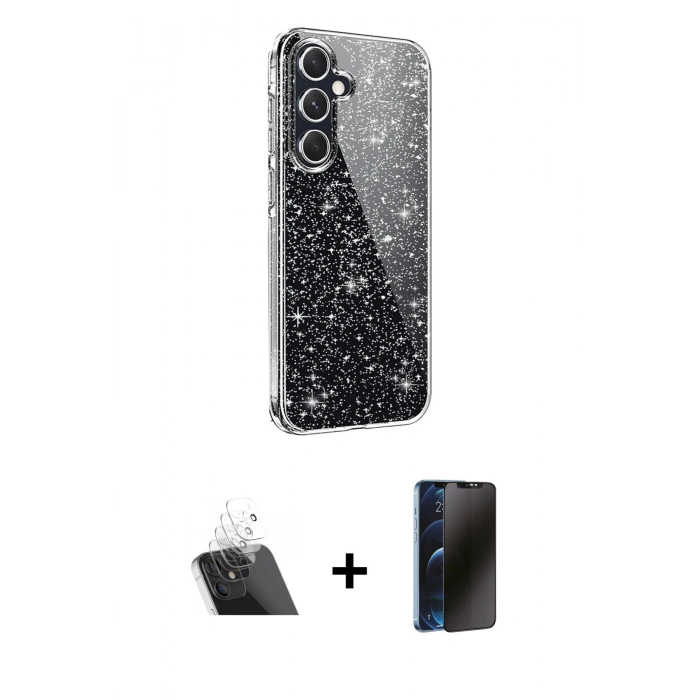 MARSİLYAN™- Galaxy A14 4G Kılıf Yankı Doku Prime - Siyah 3D Antistatik Hayalet Cam Ekran Koruyucu + Kamera Lens Koruma Cam - SF