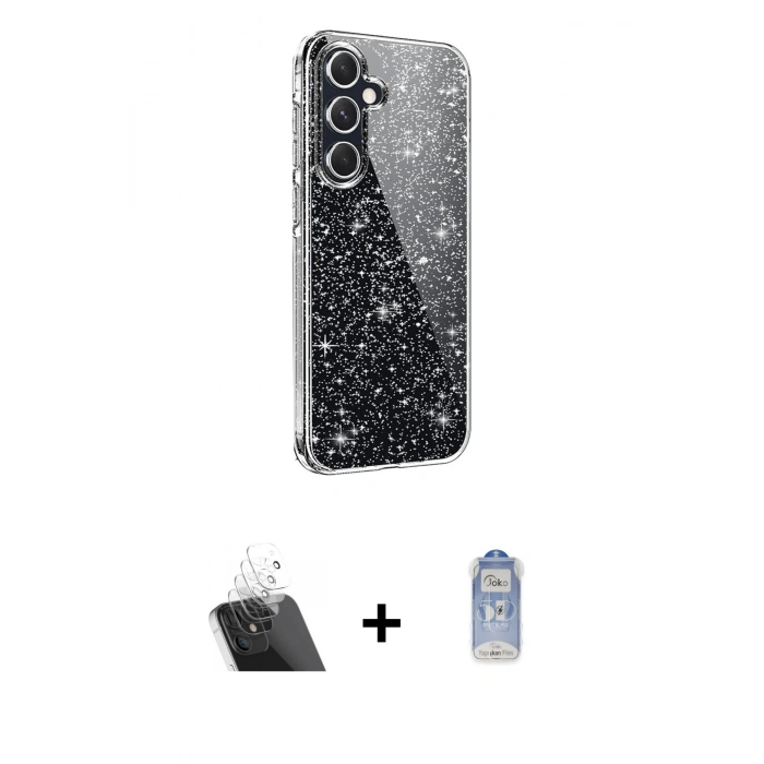 MARSİLYAN™- Galaxy A14 4G Kılıf Yankı Doku Prime - Siyah Joko Magic 5D Cam + Kamera Lens Koruma Cam - SF