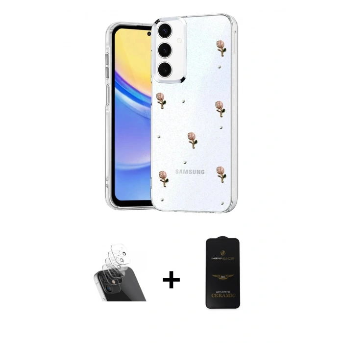 MARSİLYAN™- Galaxy A14 4G Kılıf Yörünge Form - Siyah 6D Antistatik Mat Seramik Hayalet Nano Ekran Koruyucu + Kamera Lens Koruma Cam - SF