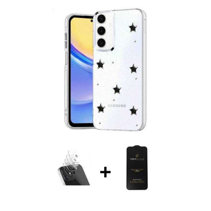 MARSİLYAN™- Galaxy A14 4G Kılıf Yörünge Form - Siyah 6D Antistatik Mat Seramik Hayalet Nano Ekran Koruyucu + Kamera Lens Koruma Cam - SF