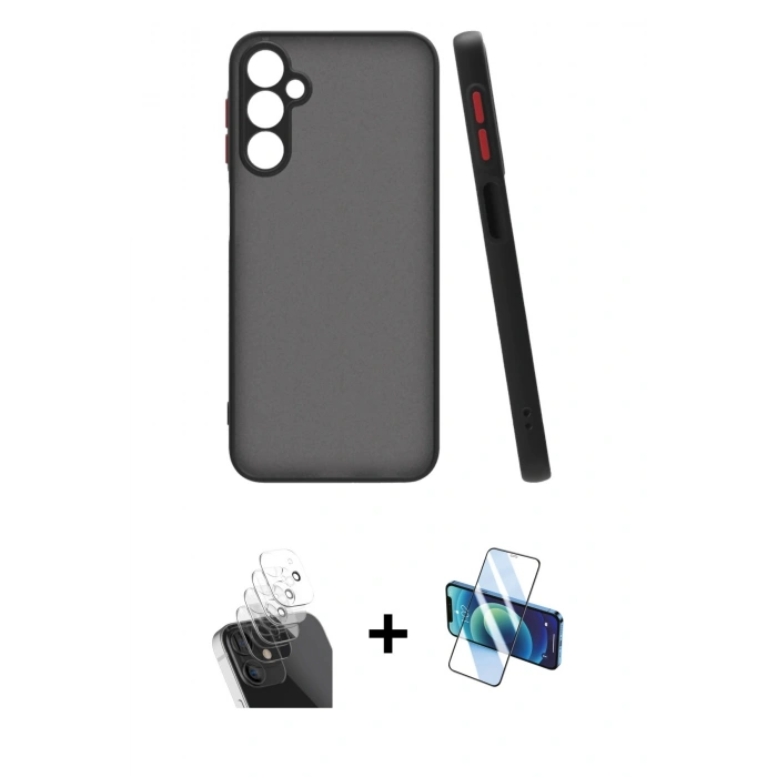MARSİLYAN™- Galaxy A15 4G Kılıf Ahenk Çizgi Serisi - Siyah 3D Antistatik Cam Ekran Koruyucu + Kamera Lens Koruma Cam - SF