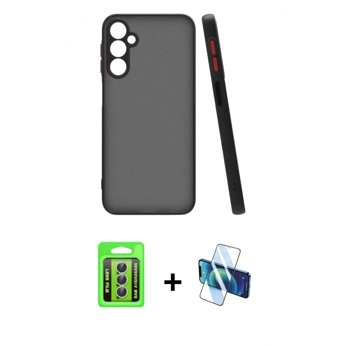 MARSİLYAN™- Galaxy A15 4G Kılıf Ahenk Çizgi Serisi - Siyah 3D Antistatik Seramik Nano Ekran Koruyucu + Raze Metal Kamera Lens - GS