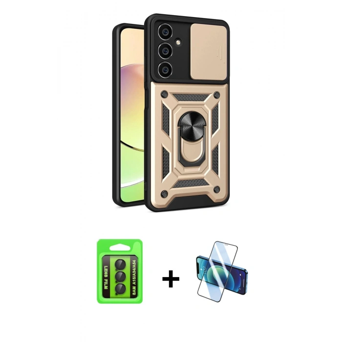 MARSİLYAN™- Galaxy A15 4G Kılıf Ahenk Klasik - Siyah 3D Antistatik Cam Ekran Koruyucu + Raze Metal Kamera Lens - SH