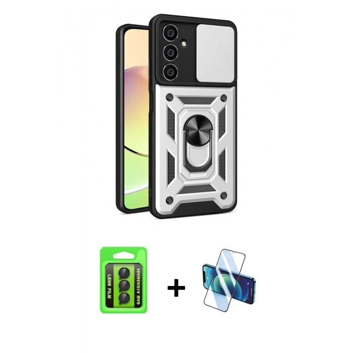 MARSİLYAN™- Galaxy A15 4G Kılıf Ahenk Klasik - Siyah 3D Antistatik Seramik Nano Ekran Koruyucu + Raze Metal Kamera Lens - SH