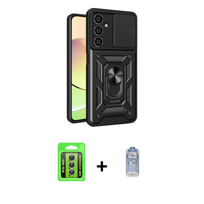 MARSİLYAN™- Galaxy A15 4G Kılıf Ahenk Klasik - Siyah Joko Magic 5D Cam + Raze Metal Kamera Lens - GS