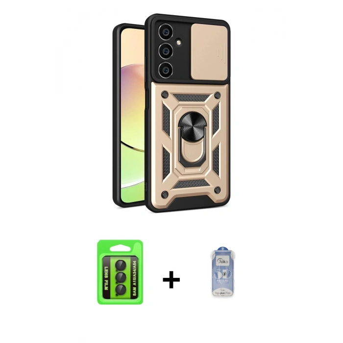 MARSİLYAN™- Galaxy A15 4G Kılıf Ahenk Klasik - Siyah Joko Magic 5D Cam + Raze Metal Kamera Lens - SH