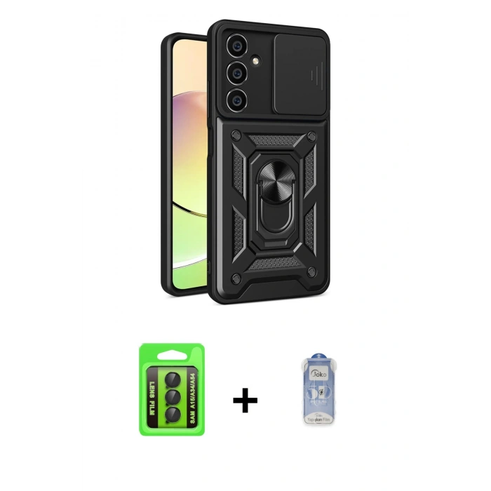 MARSİLYAN™- Galaxy A15 4G Kılıf Ahenk Klasik - Siyah Joko Magic 5D Cam + Raze Metal Kamera Lens - SH
