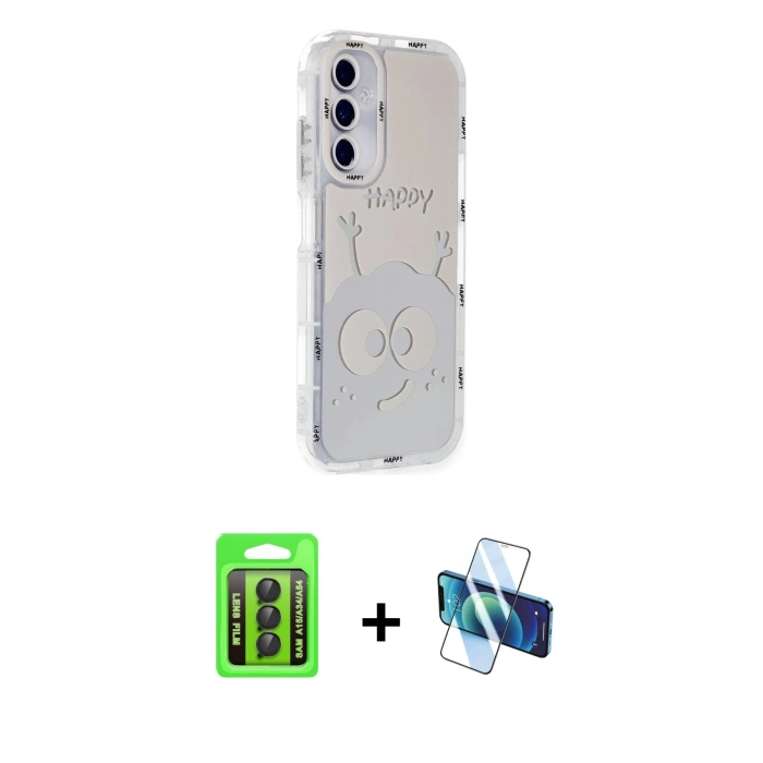 MARSİLYAN™- Galaxy A15 4G Kılıf Ahenk Modern Serisi - Siyah 3D Antistatik Cam Ekran Koruyucu + Raze Metal Kamera Lens - SH