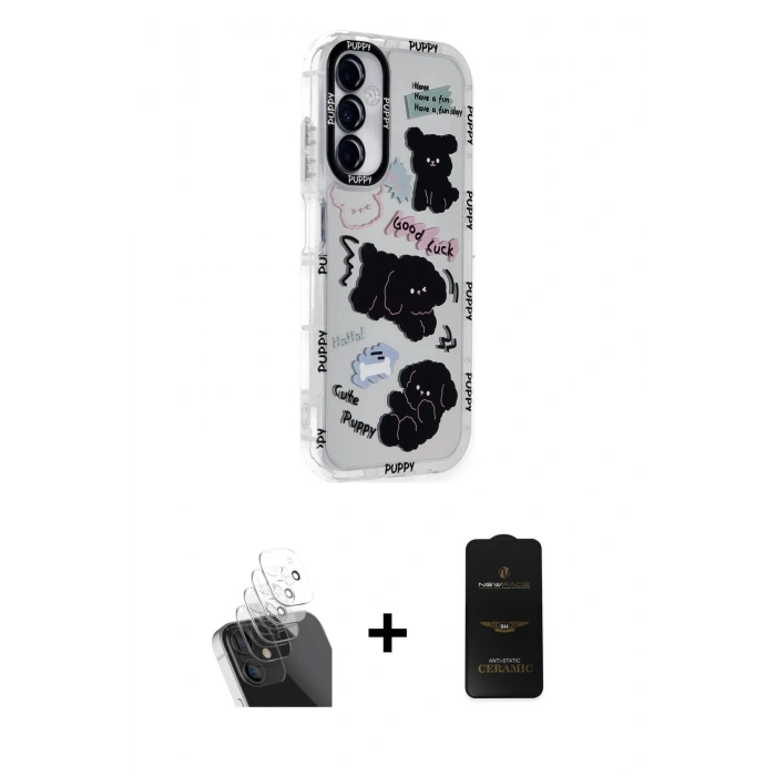 MARSİLYAN™- Galaxy A15 4G Kılıf Ahenk Modern Serisi - Siyah 6D Antistatik Mat Seramik Hayalet Nano Ekran Koruyucu + Kamera Lens Koruma Cam - SF