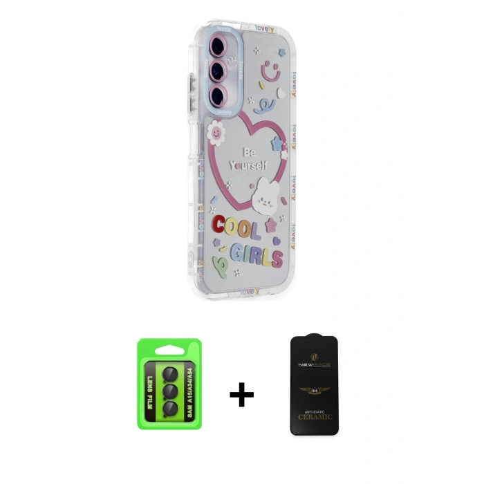 MARSİLYAN™- Galaxy A15 4G Kılıf Ahenk Modern Serisi - Siyah 6D Antistatik Mat Seramik Hayalet Nano Ekran Koruyucu + Raze Metal Kamera Lens - SH