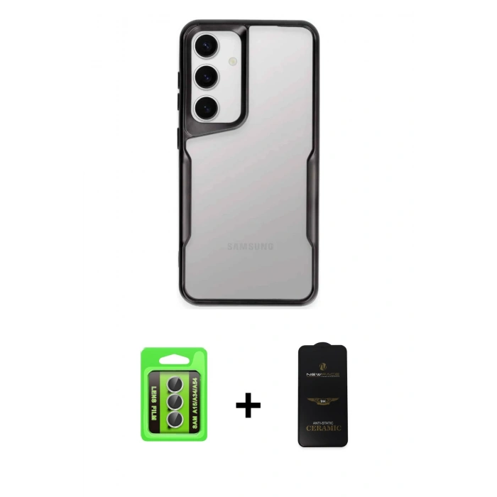 MARSİLYAN™- Galaxy A15 4G Kılıf Akış Çizgi Koleksiyonu - Siyah 6D Antistatik Mat Seramik Hayalet Nano Ekran Koruyucu + Raze Metal Kamera Lens - GS