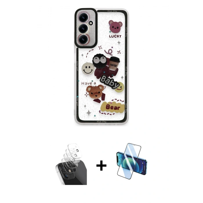 MARSİLYAN™- Galaxy A15 4G Kılıf Çekirdek Asil - Siyah 3D Antistatik Cam Ekran Koruyucu + Kamera Lens Koruma Cam - SF