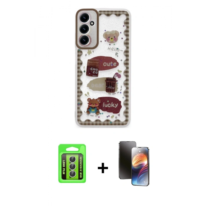 MARSİLYAN™- Galaxy A15 4G Kılıf Çekirdek Asil - Siyah 3D Antistatik Mat Seramik Nano Ekran Koruyucu + Raze Metal Kamera Lens - GS