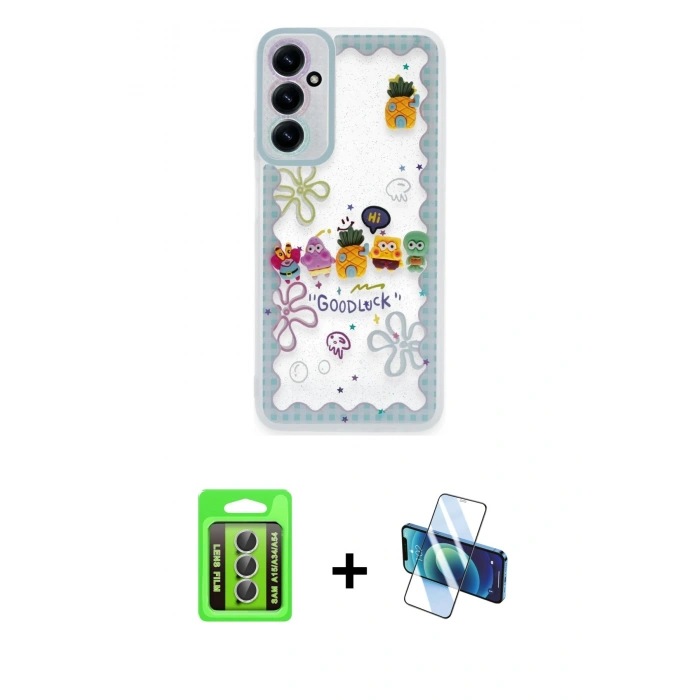 MARSİLYAN™- Galaxy A15 4G Kılıf Çekirdek Asil - Siyah 3D Antistatik Seramik Nano Ekran Koruyucu + Raze Metal Kamera Lens - GS