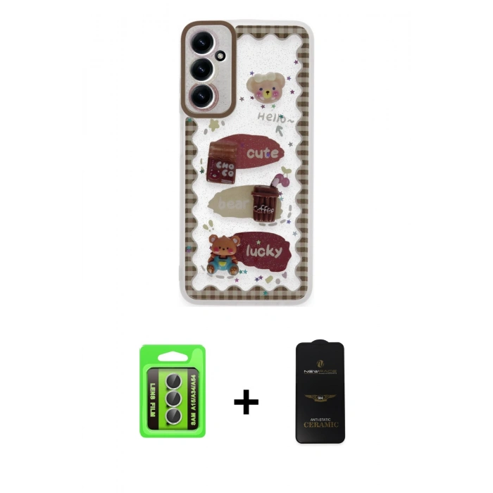 MARSİLYAN™- Galaxy A15 4G Kılıf Çekirdek Asil - Siyah 6D Antistatik Mat Seramik Hayalet Nano Ekran Koruyucu + Raze Metal Kamera Lens - GS