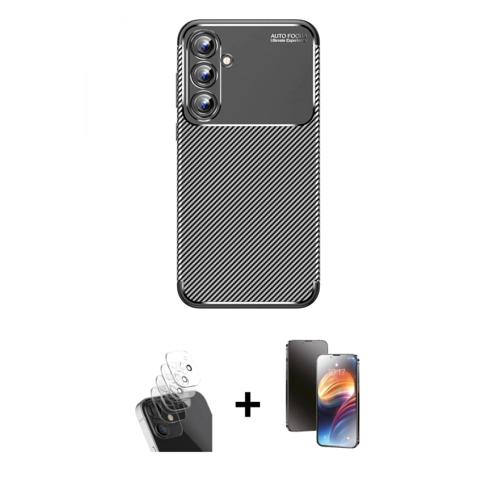 MARSİLYAN™- Galaxy A15 4G Kılıf Eksen Form Prime - Siyah 3D Antistatik Mat Seramik Nano Ekran Koruyucu + Kamera Lens Koruma Cam - SF
